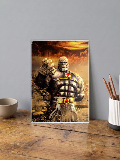 Darkseid Apocalyptic Portrait DC Poster shown in A4 size on a wooden desk