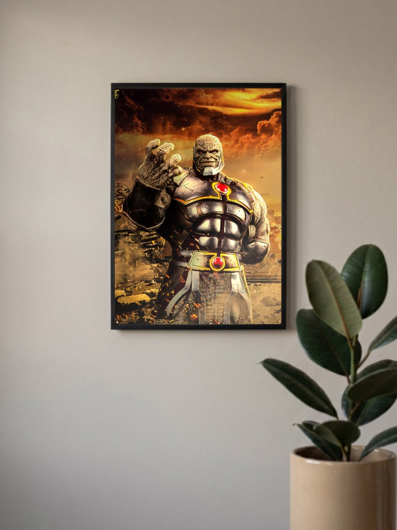 Darkseid Apocalyptic Portrait DC Poster in a black frame, mounted on a wall