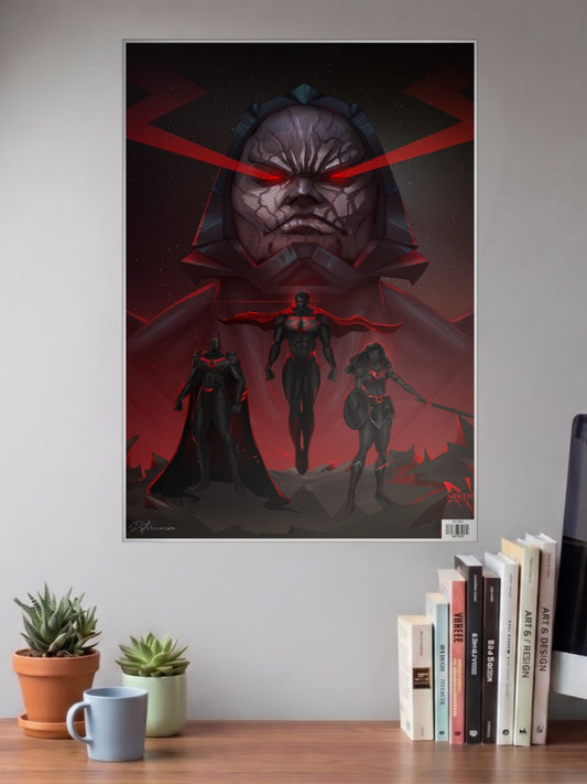 Darkseid Justice League Scene DC Poster shown in A3 size on a wall above a study desk
