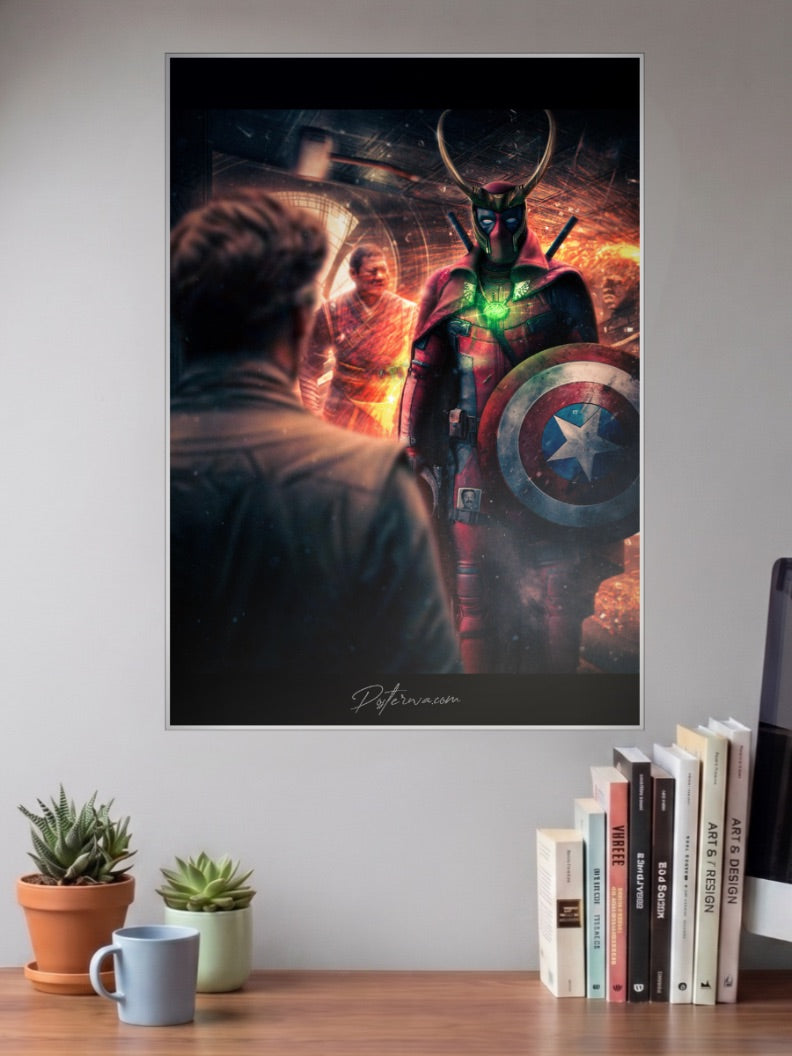 Deadpool As Loki Scene Marvel Poster shown in A3 size on a wall above a study desk
