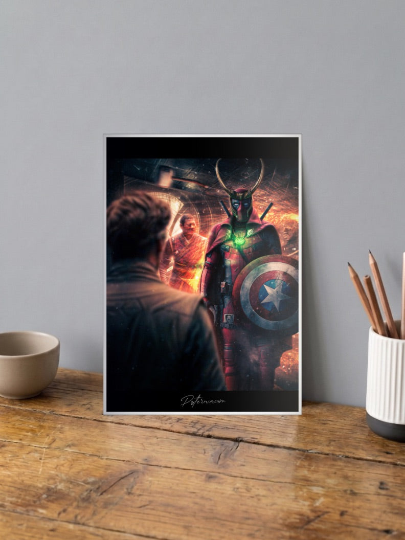 Deadpool As Loki Scene Marvel Poster shown in A4 size on a wooden desk