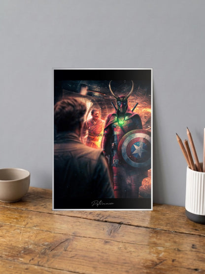 Deadpool As Loki Scene Marvel Poster shown in A4 size on a wooden desk