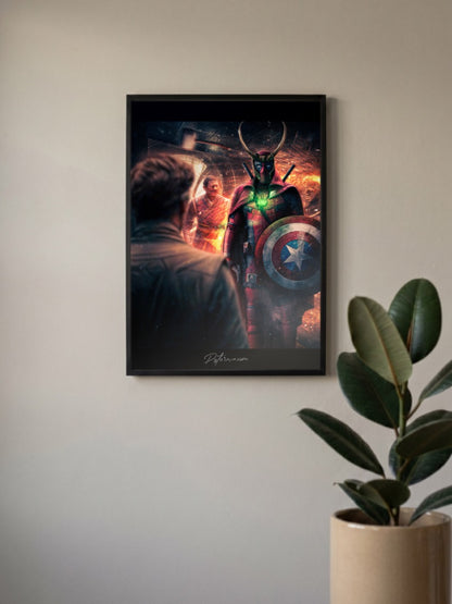 Deadpool As Loki Scene Marvel Poster in a black frame, mounted on a wall