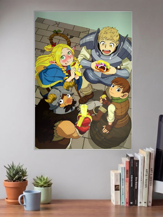 Delicious In Dungeon Donut Scene Anime Poster shown in A3 size on a wall above a study desk