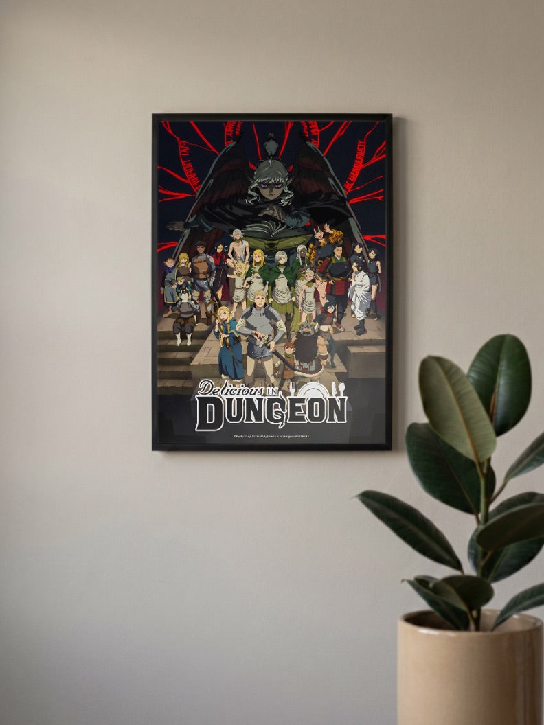 Delicious In Dungeon Key Visual Anime Poster in a black frame, mounted on a wall