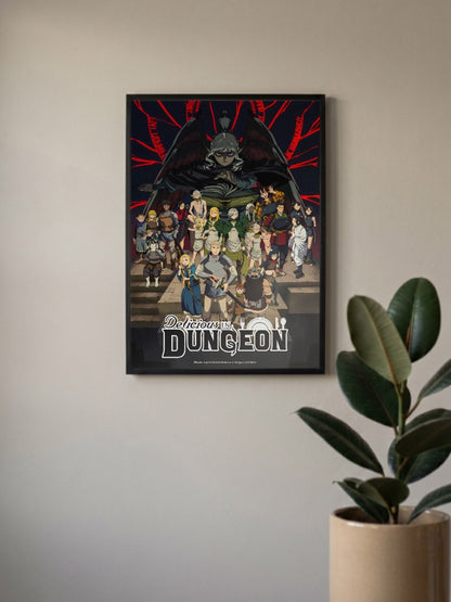 Delicious In Dungeon Key Visual Anime Poster in a black frame, mounted on a wall