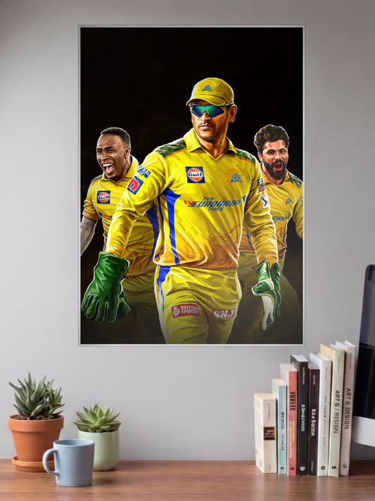 Dhoni Csk Team Walkout IPL Poster shown in A3 size on a wall above a study desk