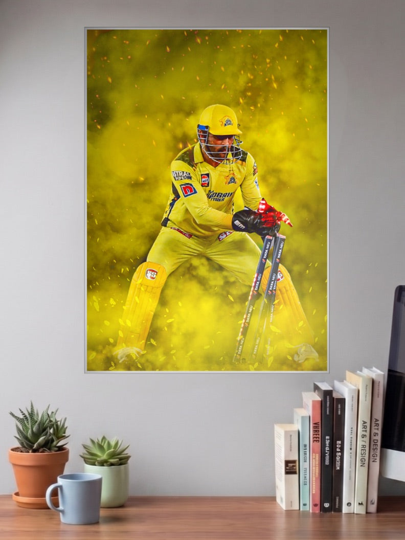 Dhoni Csk Batting Stance IPL Poster shown in A3 size on a wall above a study desk