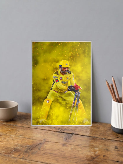 Dhoni Csk Batting Stance IPL Poster shown in A4 size on a wooden desk