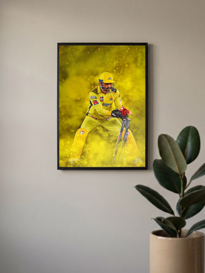 Dhoni Csk Batting Stance IPL Poster in a black frame, mounted on a wall