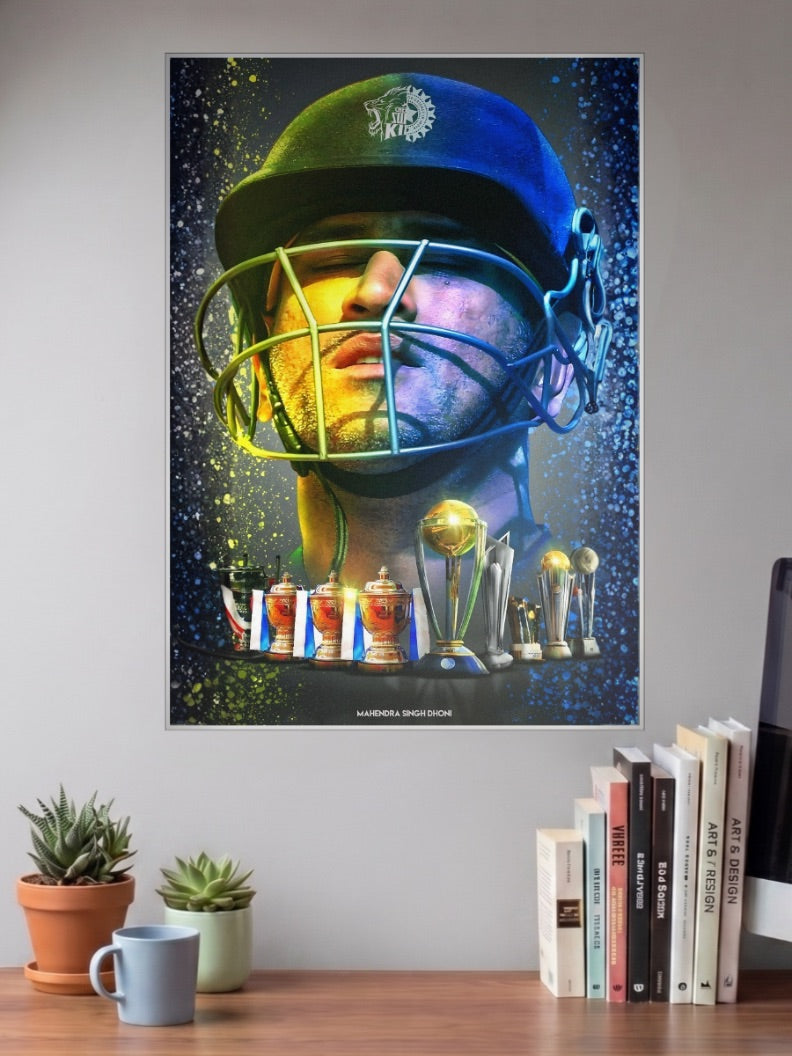 Dhoni CSK Trophies Portrait IPL Poster