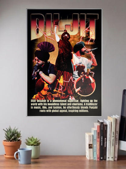 Diljit Dosanjh Fan Collage Singers Poster shown in A3 size on a wall above a study desk