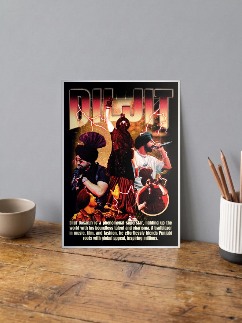 Diljit Dosanjh Fan Collage Singers Poster shown in A4 size on a wooden desk
