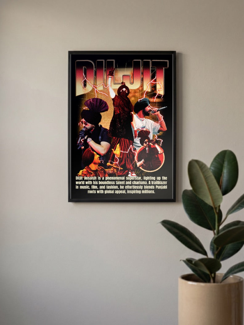 Diljit Dosanjh Fan Collage Singers Poster in a black frame, mounted on a wall