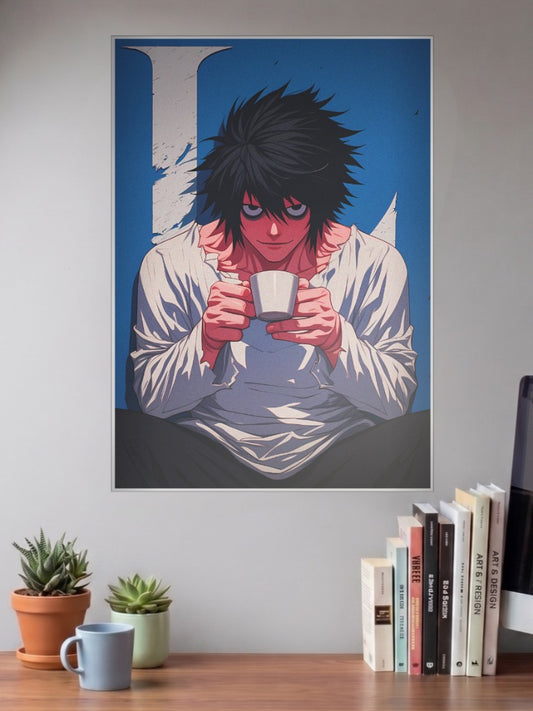 L Lawliet Coffee Portrait Anime Poster shown in A3 size on a wall above a study desk