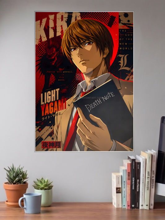 Light Yagami Kira Portrait Anime Poster shown in A3 size on a wall above a study desk
