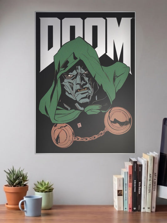 Doctor Doom Broken Shackles Marvel Poster shown in A3 size on a wall above a study desk