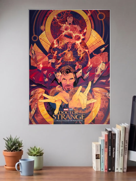 Doctor Strange Multiverse Madness Marvel Poster shown in A3 size on a wall above a study desk