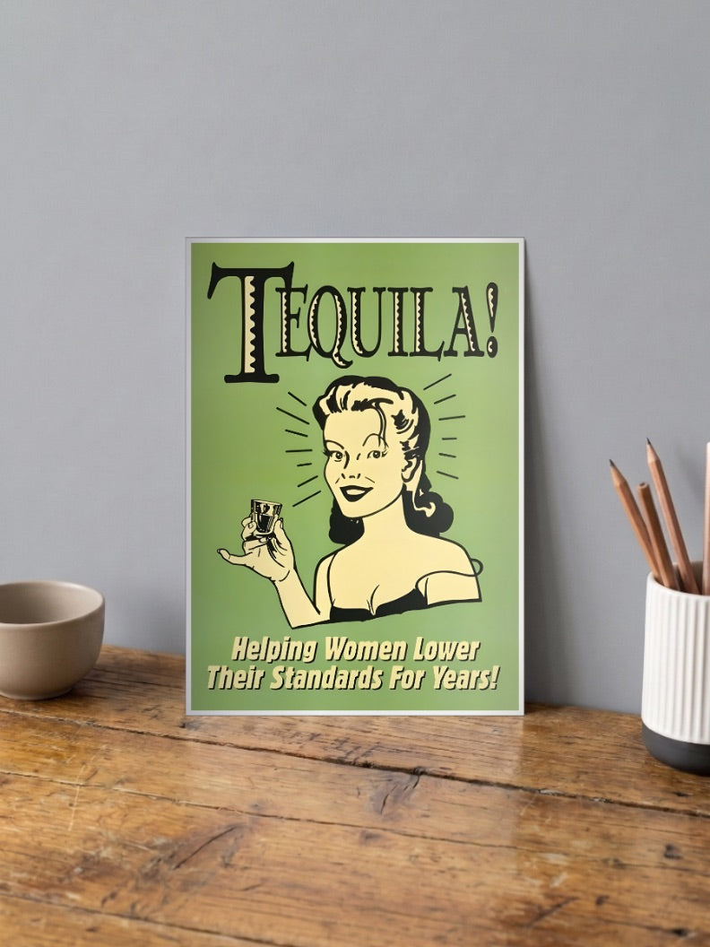 Tequila Standards Poster shown in A4 size on a wooden desk