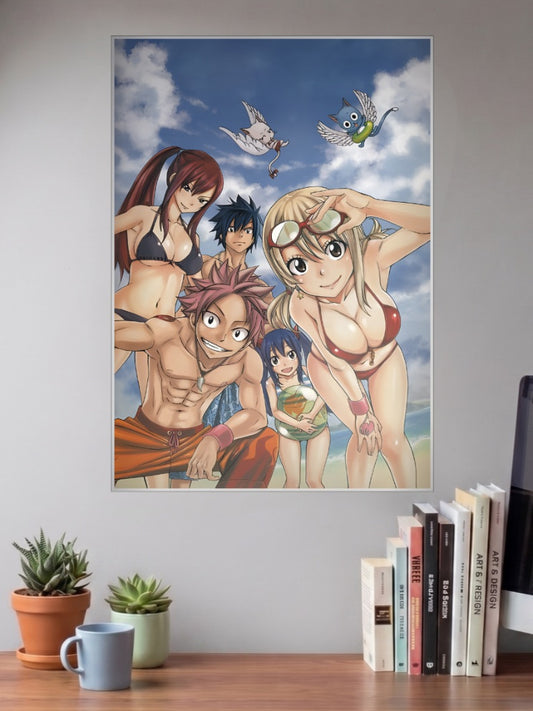 Fairy Tail Beach Day Anime Poster shown in A3 size on a wall above a study desk