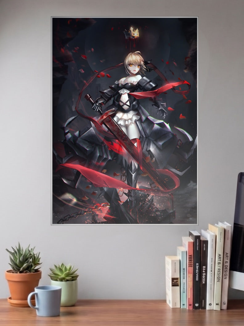Saber Alter Artoria Pendragon Anime Poster shown in A3 size on a wall above a study desk