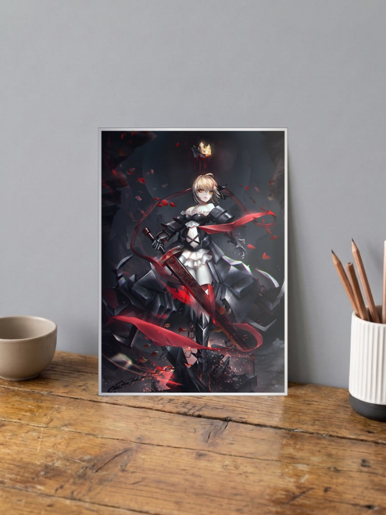 Saber Alter Artoria Pendragon Anime Poster shown in A4 size on a wooden desk
