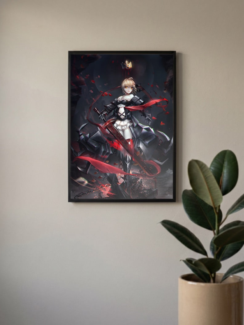 Saber Alter Artoria Pendragon Anime Poster in a black frame, mounted on a wall