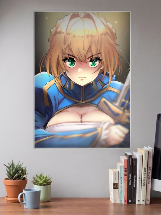 Artoria Pendragon Saber Anime Poster shown in A3 size on a wall above a study desk