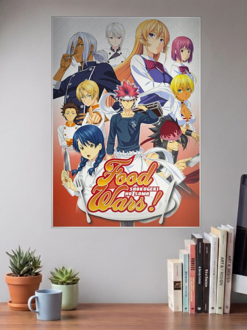 Soma Yukihira Food Wars Anime Poster shown in A3 size on a wall above a study desk