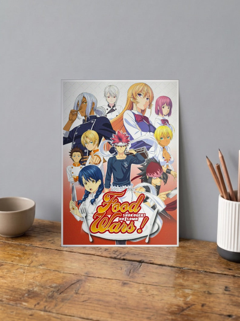 Soma Yukihira Food Wars Anime Poster shown in A4 size on a wooden desk