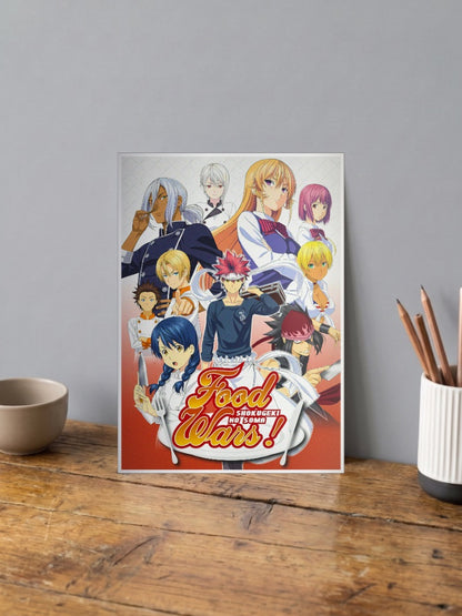 Soma Yukihira Food Wars Anime Poster shown in A4 size on a wooden desk
