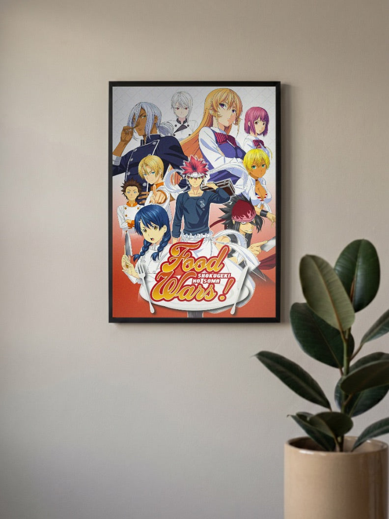 Soma Yukihira Food Wars Anime Poster in a black frame, mounted on a wall