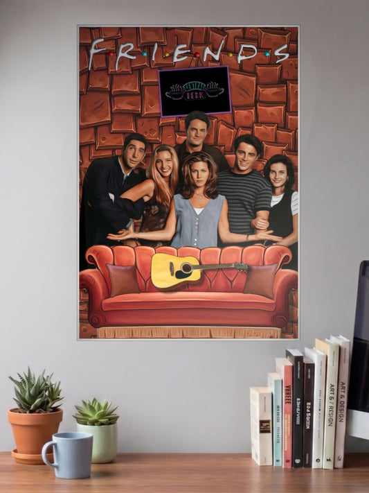 Friends Central Perk Sofa Sitcom Poster shown in A3 size on a wall above a study desk