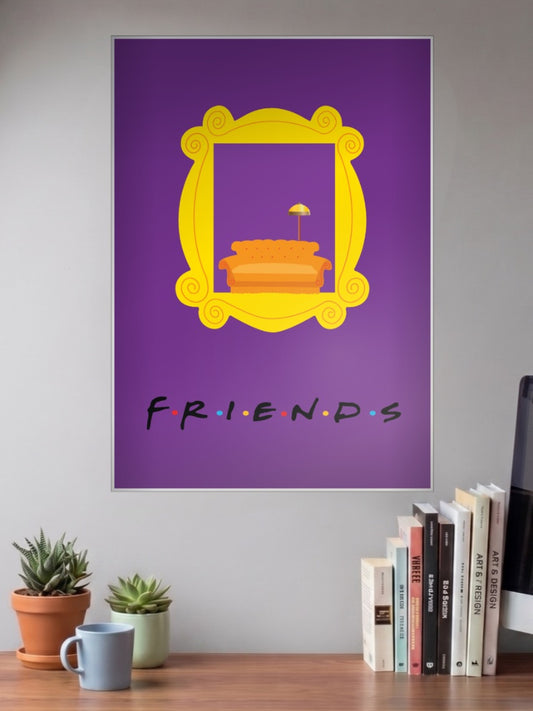 Friends Yellow Frame Sitcom Poster shown in A3 size on a wall above a study desk