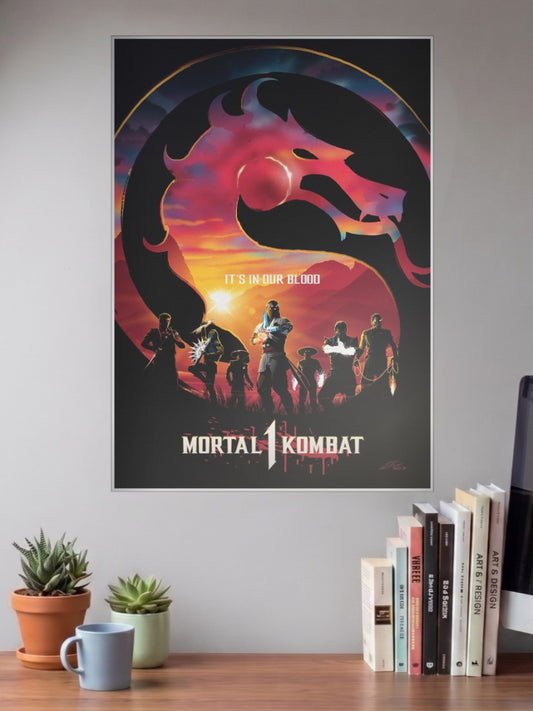Mortal Kombat Dragon Logo Game Poster shown in A3 size on a wall above a study desk