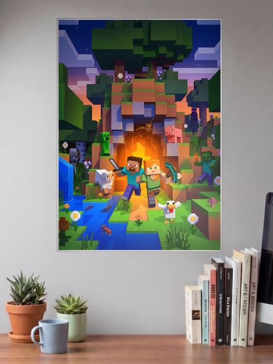 Steve and Alex Minecraft Game Poster shown in A3 size on a wall above a study desk
