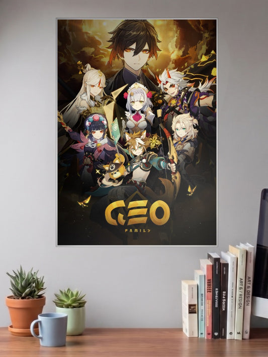 Geo Squad Genshin Impact Game Poster shown in A3 size on a wall above a study desk