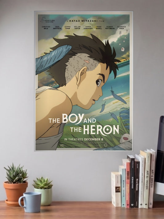 The Boy and the Heron Anime Poster shown in A3 size on a wall above a study desk