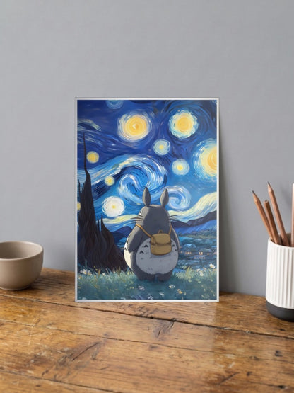 Totoro Starry Night Anime Poster shown in A4 size on a wooden desk