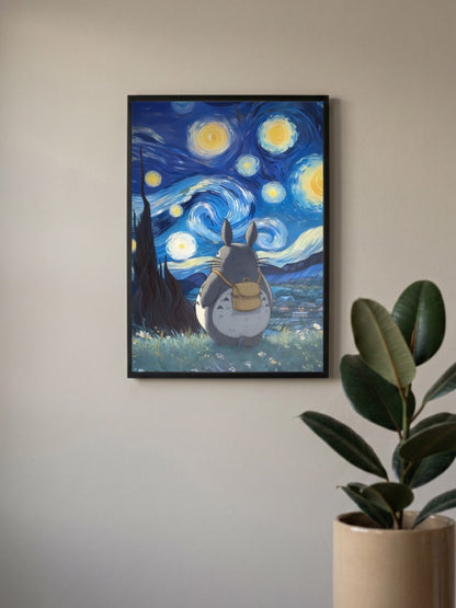 Totoro Starry Night Anime Poster in a black frame, mounted on a wall