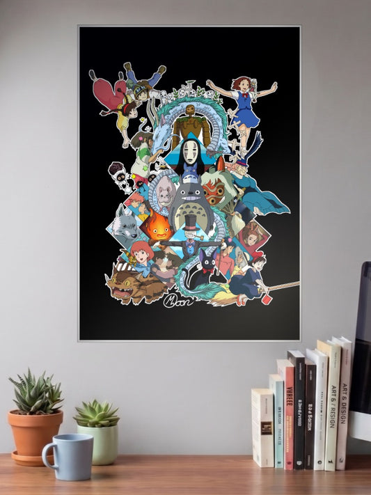 Totoro No Face Calcifer Anime Poster shown in A3 size on a wall above a study desk