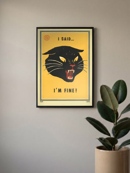 I'm Fine Meme Poster in a black frame, mounted on a wall