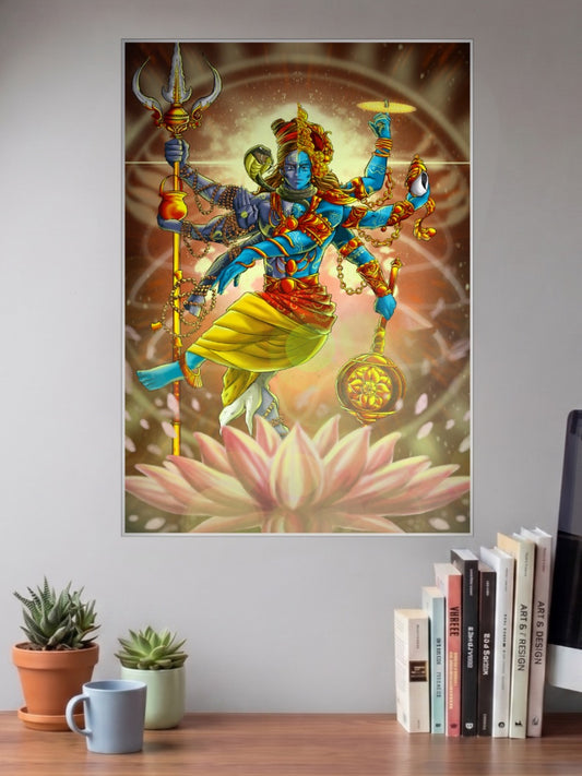 Shiv Narayan Fusion Gods Poster shown in A3 size on a wall above a study desk