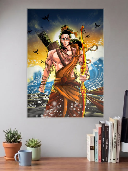 Shree Ram Gods Poster shown in A3 size on a wall above a study desk