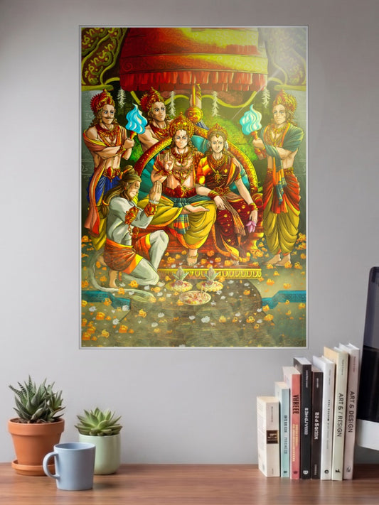 Hanuman at Ram Coronation Gods Poster shown in A3 size on a wall above a study desk