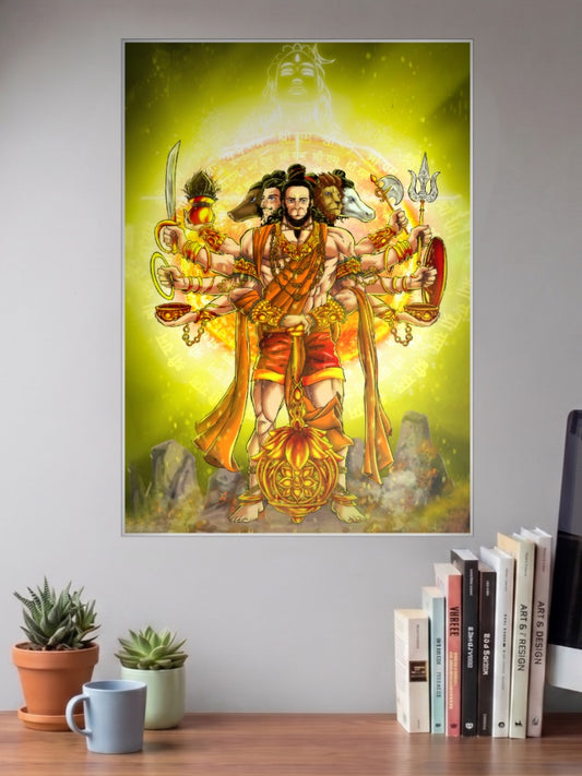 Panchmukhi Hanuman Gods Poster shown in A3 size on a wall above a study desk