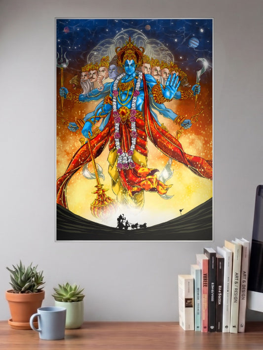 Virat Roop of Narayan Gods Poster shown in A3 size on a wall above a study desk