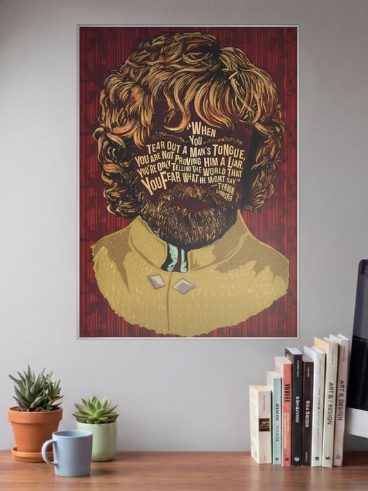 Tyrion Lannister Quote Webseries Poster shown in A3 size on a wall above a study desk