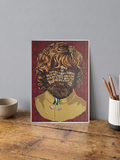 Tyrion Lannister Quote Webseries Poster shown in A4 size on a wooden desk