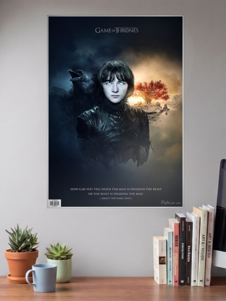 Bran Stark Portrait Webseries Poster shown in A3 size on a wall above a study desk